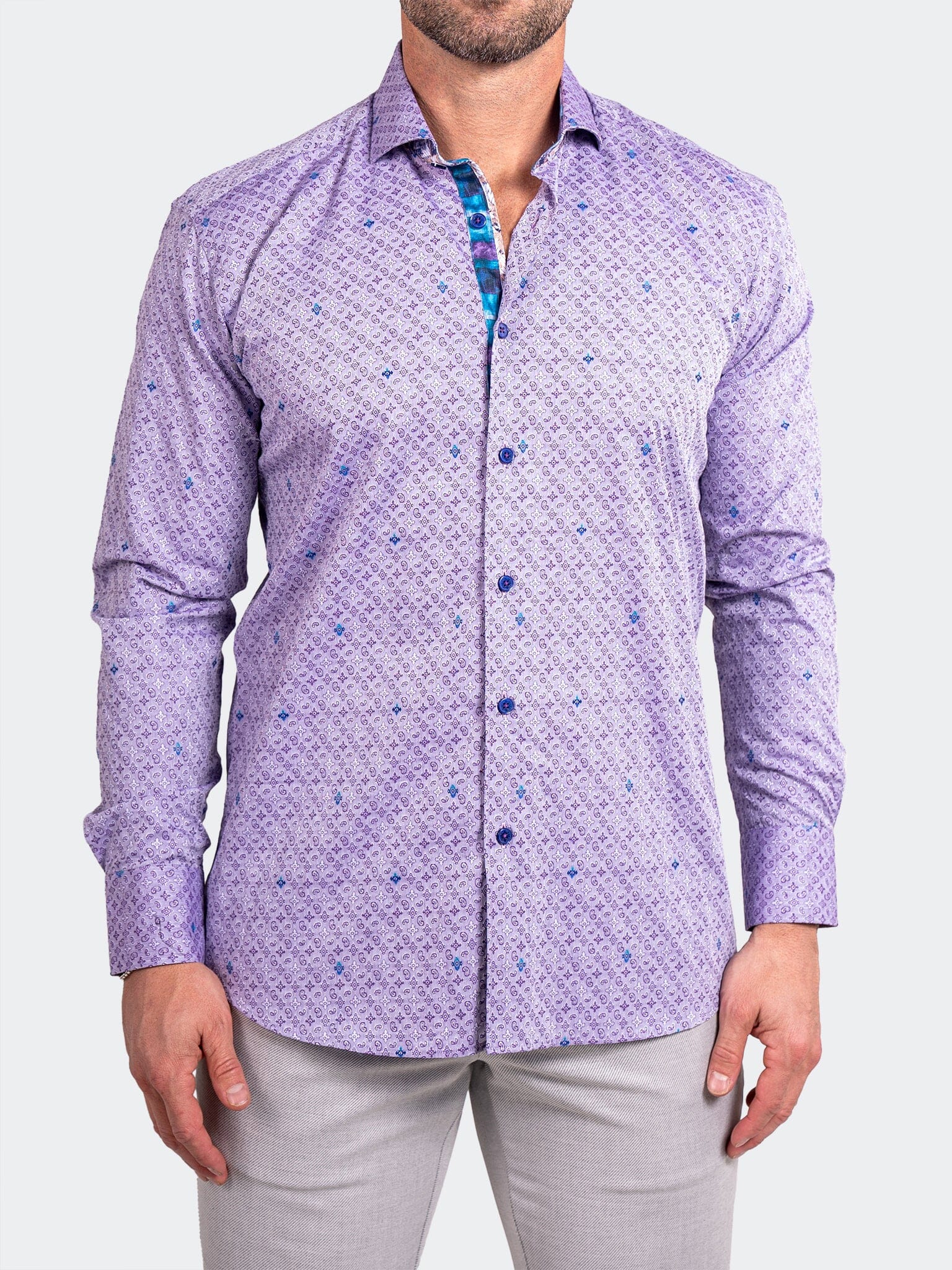 mens lilac dress shirt Purple Long Sleeve Men Button Up Shirt, Lavender Solid Color Print Buttoned Collar Dress with Chest Pocket Lilac Straton Check Leeward Dress
